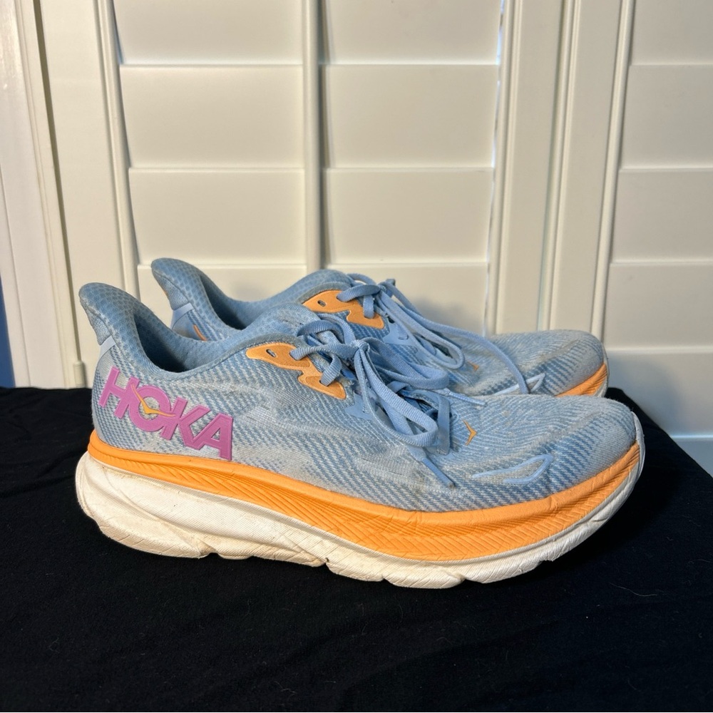 Hoka Clifton 9 Shoes Womens Size 8.5B Blue Orange Running Road Cushion Athletic